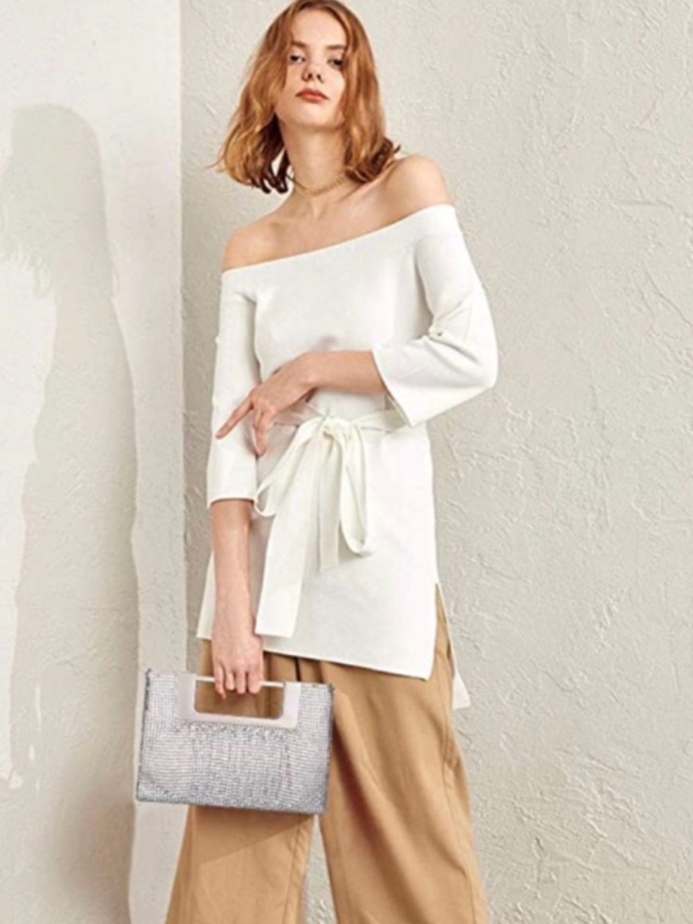 Massimo Dutti Off-Shoulder Cream Knit tunic or mini dress with Tie Waist